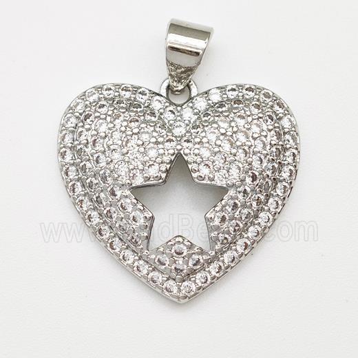 Copper Heart Pendant Micro Pave Zirconia Star Platinum Plated