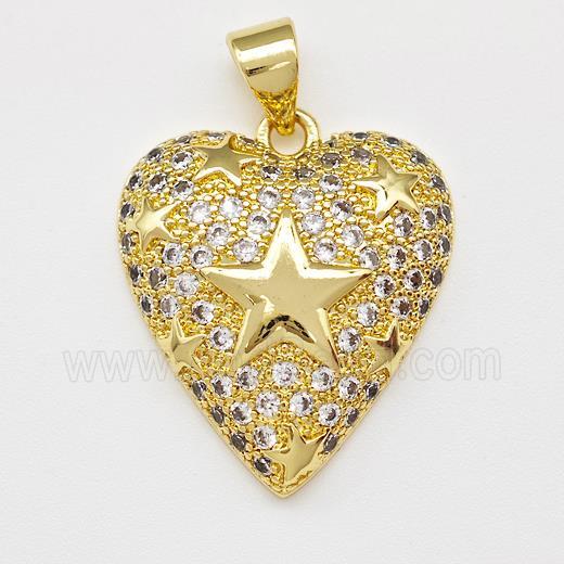 Copper Heart Pendant Micro Pave Zirconia Star Gold Plated