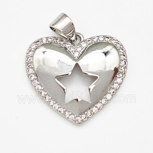 Copper Heart Pendant Micro Pave Zirconia Star Platinum Plated