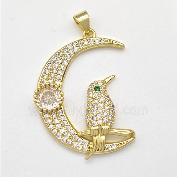 Copper Birds Pendant Micro Pave Zirconia Moon Gold Plated
