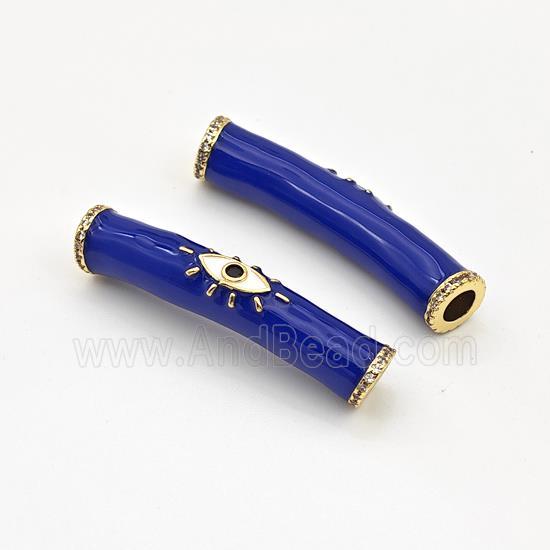 Copper Curved Tube Beads Micro Pave Zirconia Eye Blue Enamel Gold Plated