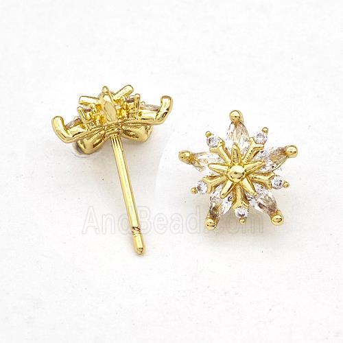 Copper Flower Stud Earring Micro Pave Zirconia Gold PLated