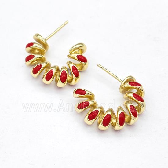 Copper Stud Earring Red Enamel Gold Plated