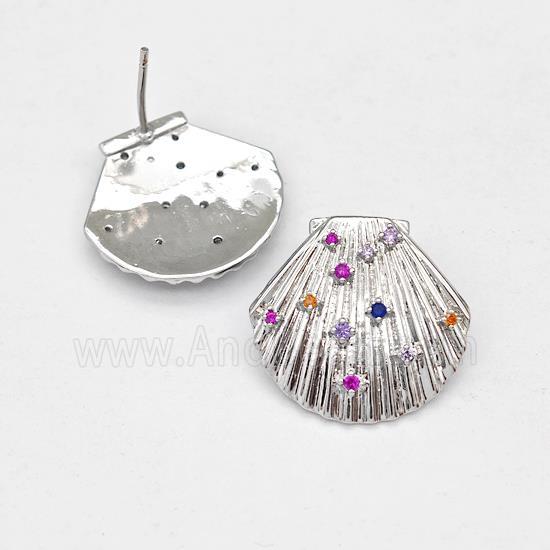 Copper ScallopShell Stud Earring Micro Pave Zirconia Platinum Plated