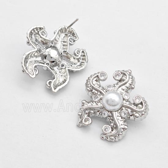 Copper Starfish Stud Earrings Pave Zirconia Pearlized Resin Platinum Plated