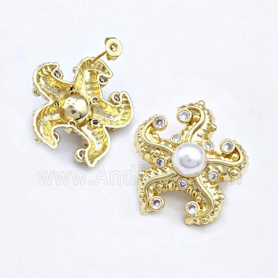 Copper Starfish Stud Earrings Pave Zirconia Pearlized Resin Gold Plated