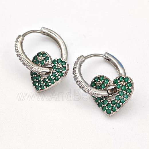 Copper Hoop Earrings Heart Pave Green Zirconia Platinum Plated