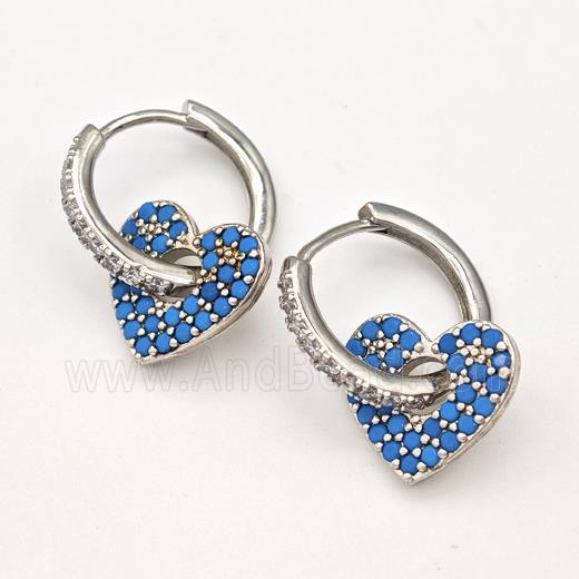 Copper Hoop Earrings Heart Pave Blue Zirconia Platinum Plated