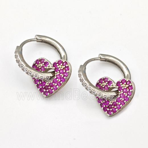 Copper Hoop Earrings Heart Pave Pink Zirconia Platinum Plated
