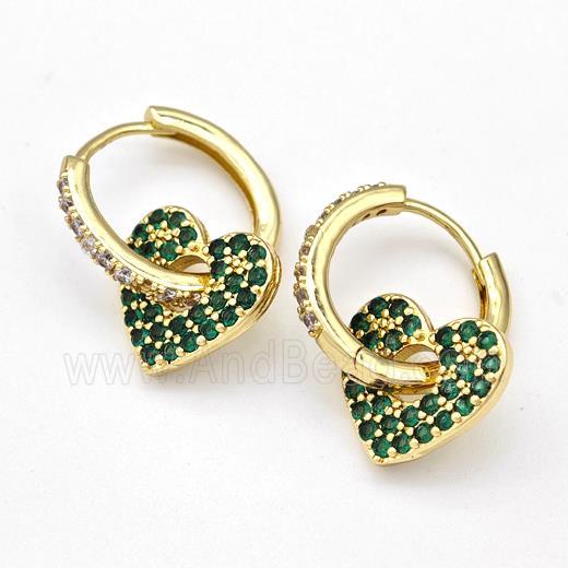 Copper Hoop Earrings Heart Pave Green Zirconia Gold Plated