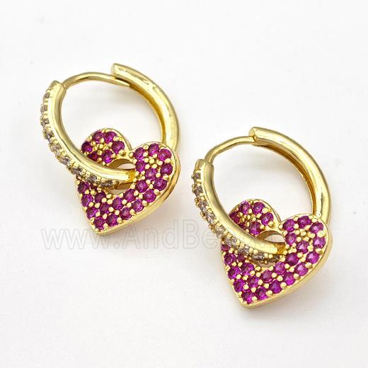 Copper Hoop Earrings Heart Pave Pink Zirconia Gold Plated