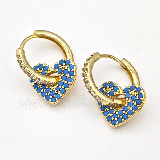 Copper Hoop Earrings Heart Pave Blue Zirconia Gold Plated