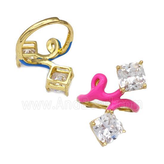 Copper Rings Pave Zirconia Hotpink Enamel Adjustable Gold Plated
