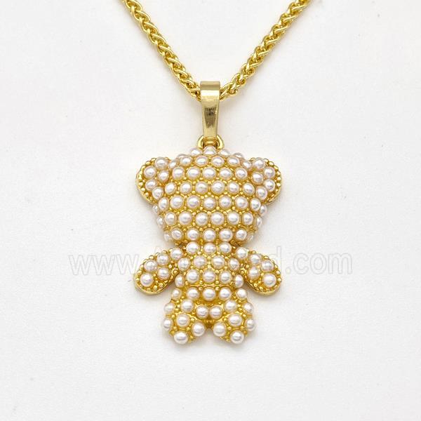 Copper Bear Necklace Pave Pearlized Resin Gold Plated