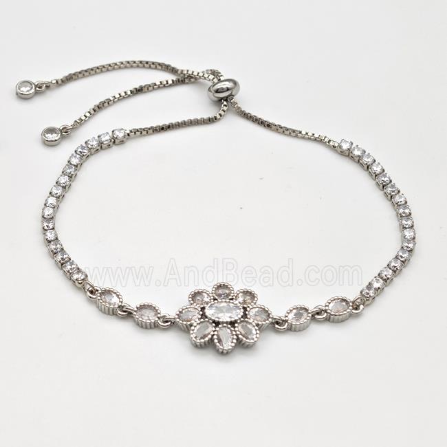 Copper Flower Bracelet Pave Zirconia Adjustable Platinum Plated