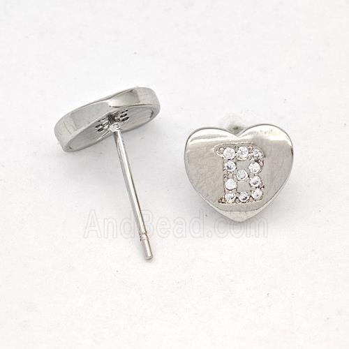 Copper Heart Stud Earring Pave Zirconia Letter-B Platinum Plated
