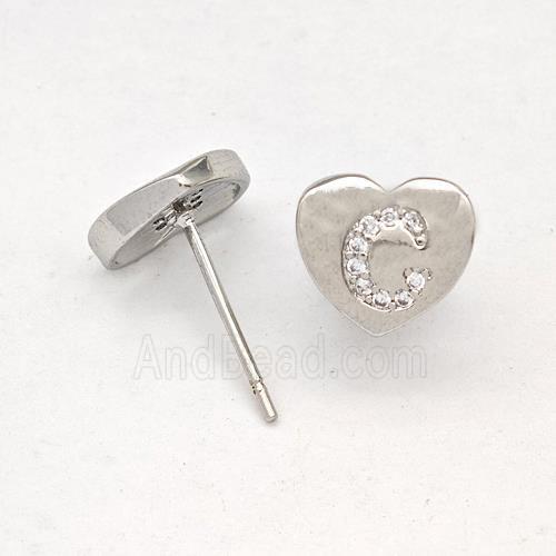 Copper Heart Stud Earring Pave Zirconia Letter-C Platinum Plated