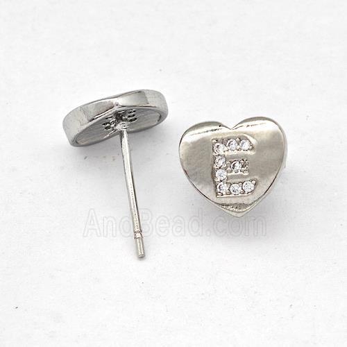 Copper Heart Stud Earring Pave Zirconia Letter-E Platinum Plated