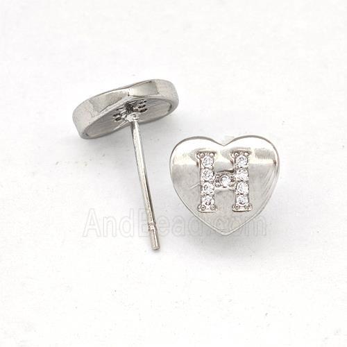 Copper Heart Stud Earring Pave Zirconia Letter-H Platinum Plated