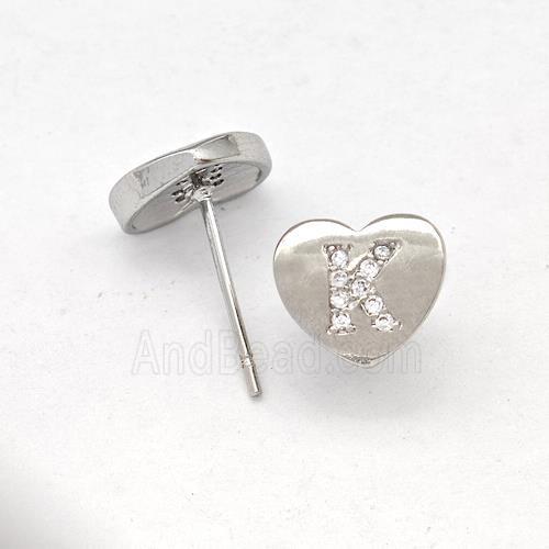Copper Heart Stud Earring Pave Zirconia Letter-K Platinum Plated