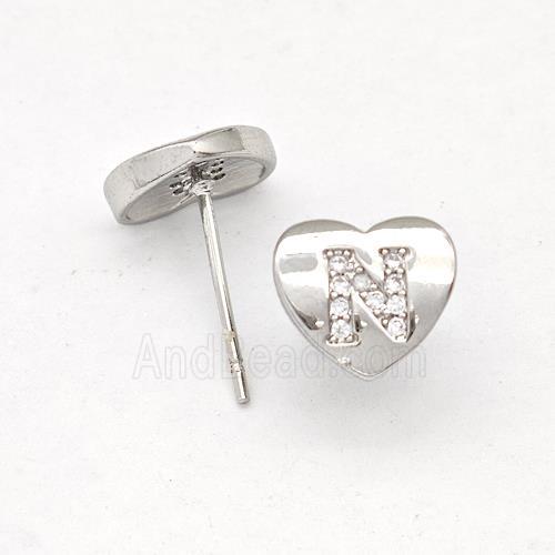 Copper Heart Stud Earring Pave Zirconia Letter-N Platinum Plated