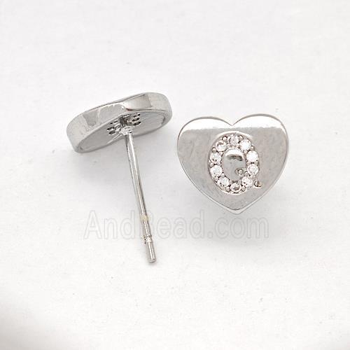 Copper Heart Stud Earring Pave Zirconia Letter-Q Platinum Plated