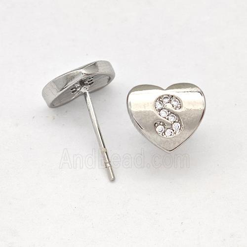 Copper Heart Stud Earring Pave Zirconia Letter-S Platinum Plated
