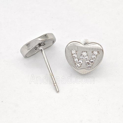 Copper Heart Stud Earring Pave Zirconia Letter-W Platinum Plated