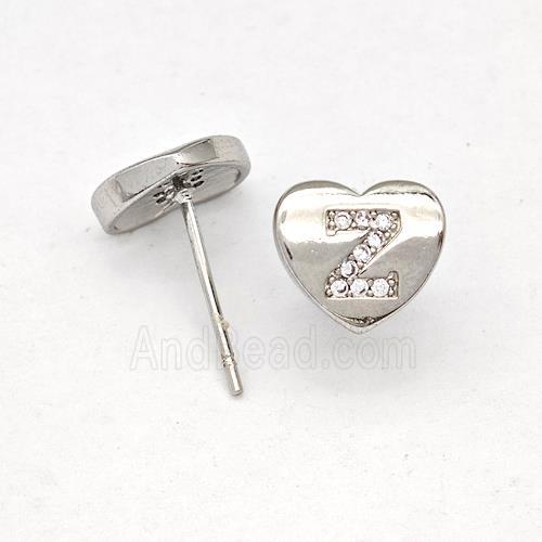Copper Heart Stud Earring Pave Zirconia Letter-Z Platinum Plated