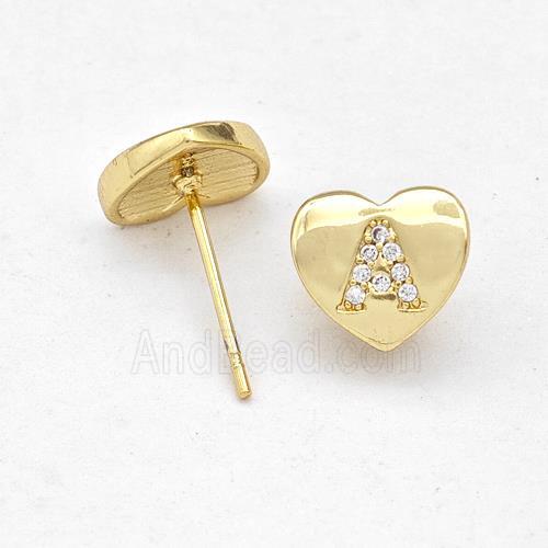 Copper Heart Stud Earring Pave Zirconia Letter-A Gold Plated