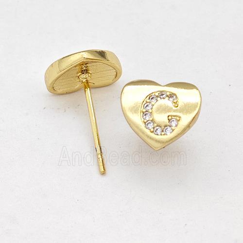 Copper Heart Stud Earring Pave Zirconia Letter-C Gold Plated