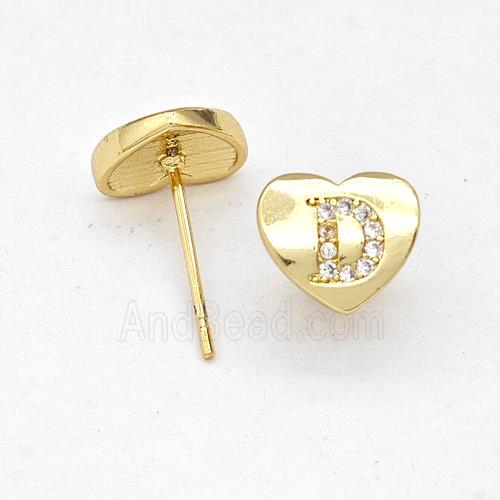 Copper Heart Stud Earring Pave Zirconia Letter-D Gold Plated