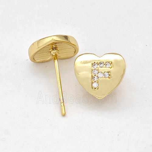 Copper Heart Stud Earring Pave Zirconia Letter-F Gold Plated