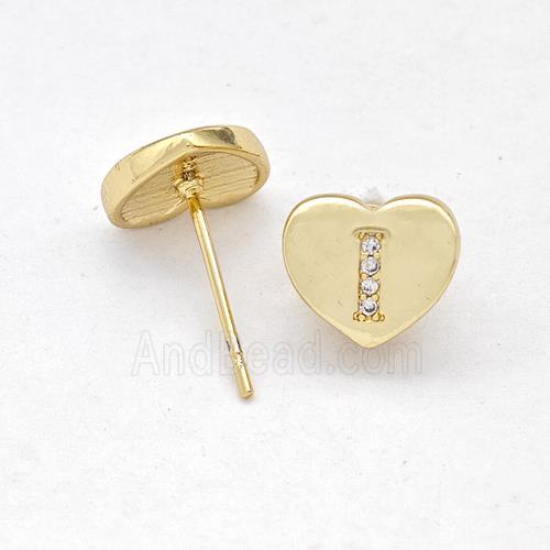 Copper Heart Stud Earring Pave Zirconia Letter-I Gold Plated