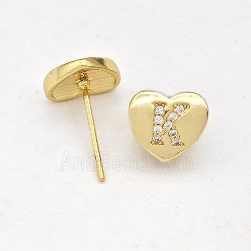 Copper Heart Stud Earring Pave Zirconia Letter-K Gold Plated