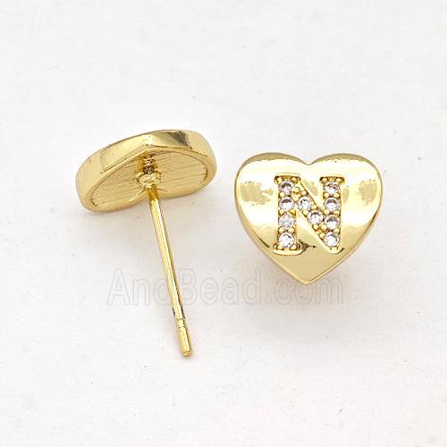 Copper Heart Stud Earring Pave Zirconia Letter-N Gold Plated