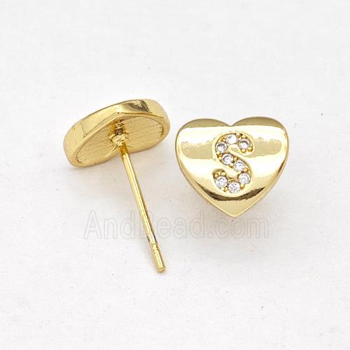 Copper Heart Stud Earring Pave Zirconia Letter-S Gold Plated