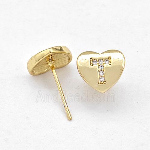 Copper Heart Stud Earring Pave Zirconia Letter-T Gold Plated