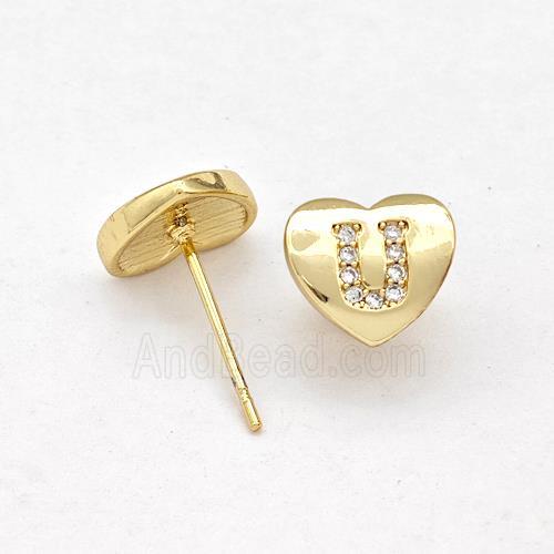 Copper Heart Stud Earring Pave Zirconia Letter-U Gold Plated