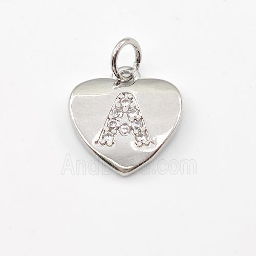 Copper Heart Pendant Pave Zirconia Letter-A Platinum Plated