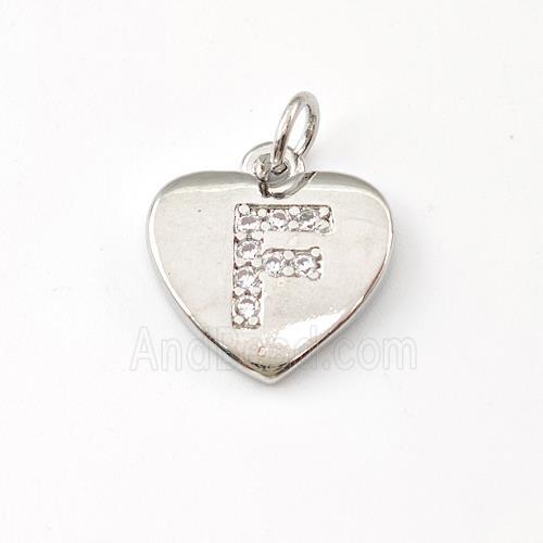 Copper Heart Pendant Pave Zirconia Letter-F Platinum Plated