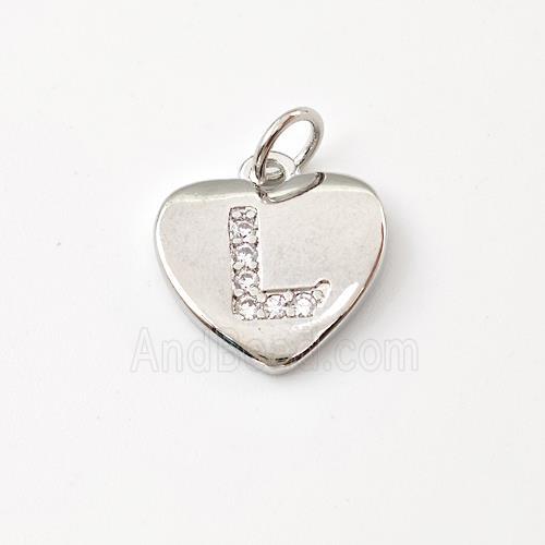 Copper Heart Pendant Pave Zirconia Letter-L Platinum Plated