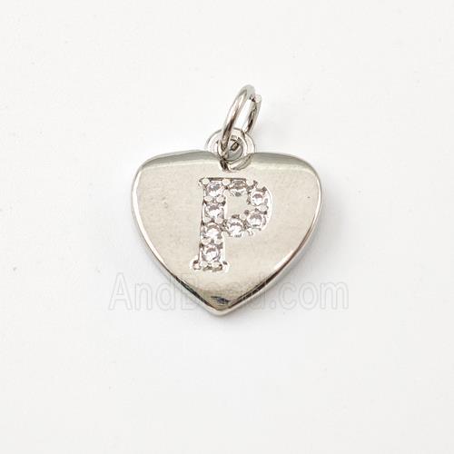 Copper Heart Pendant Pave Zirconia Letter-P Platinum Plated