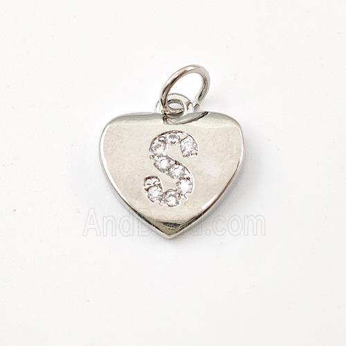 Copper Heart Pendant Pave Zirconia Letter-S Platinum Plated