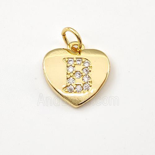 Copper Heart Pendant Pave Zirconia Letter-B Gold Plated
