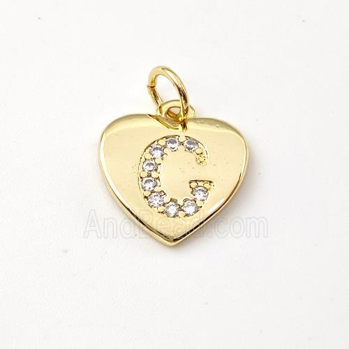 Copper Heart Pendant Pave Zirconia Letter-C Gold Plated