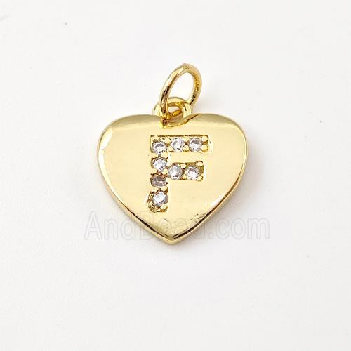 Copper Heart Pendant Pave Zirconia Letter-F Gold Plated