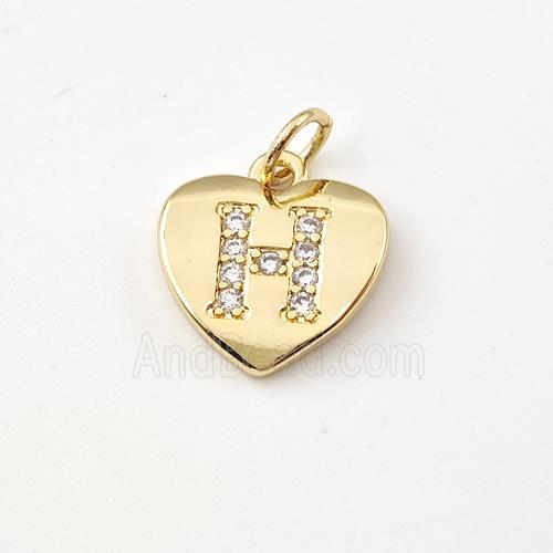 Copper Heart Pendant Pave Zirconia Letter-H Gold Plated