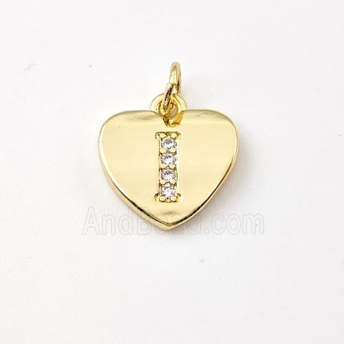Copper Heart Pendant Pave Zirconia Letter-I Gold Plated
