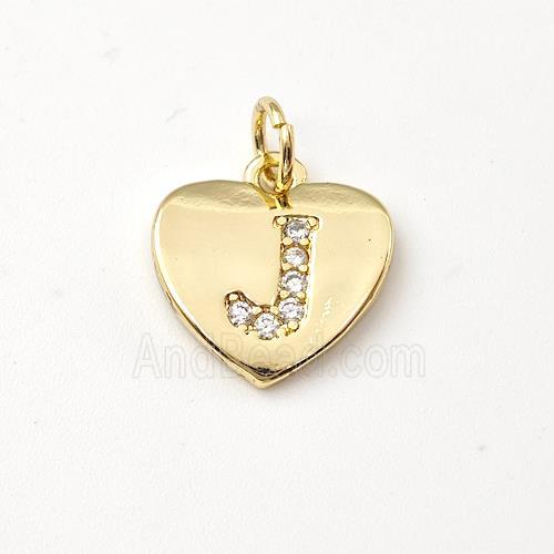 Copper Heart Pendant Pave Zirconia Letter-J Gold Plated